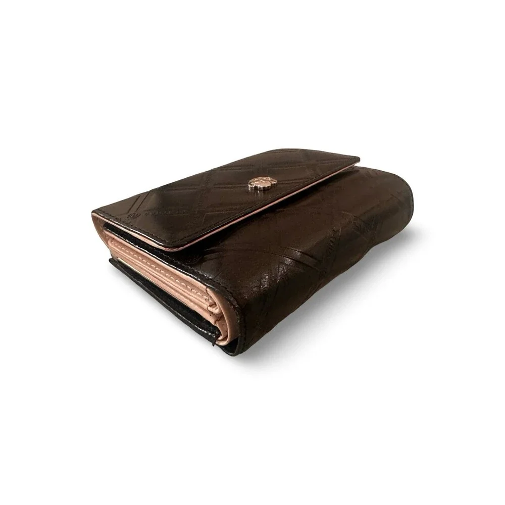 Authentic CLATHAS Black Quilted Leather Wallet with Camellia Emblem – Excellent